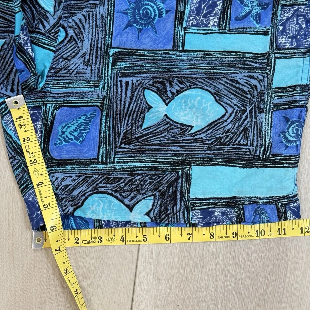 VTG GZood Swim Trunks M Fish Print Blue Teal Nylon‎ Lined Drawstring Shorts Y2K